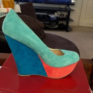 Breckelles Teal and Coral Wedge Heels